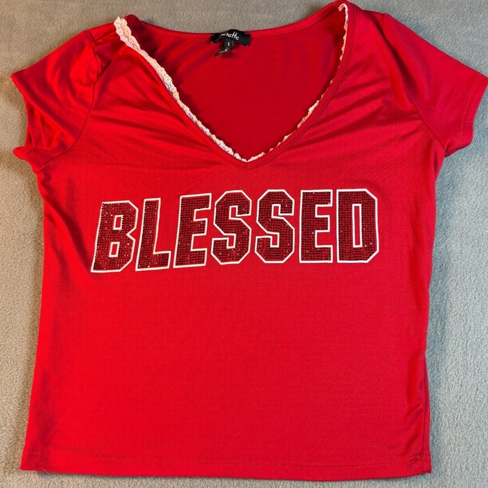 Minette Womens Blessed Rhinestone Graphic V-Neck Lace Trim Red T-Shirt Small